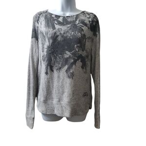 Vintage Express Womens crewneck Grey Floral Rhinestone longsleeve sweater